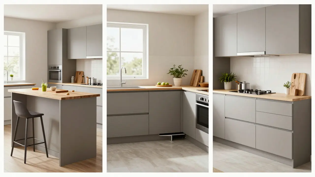 Vergleich dreier Küchen: traditionell, standardbarrierefrei und optimal angepasst für Selbstständigkeit.