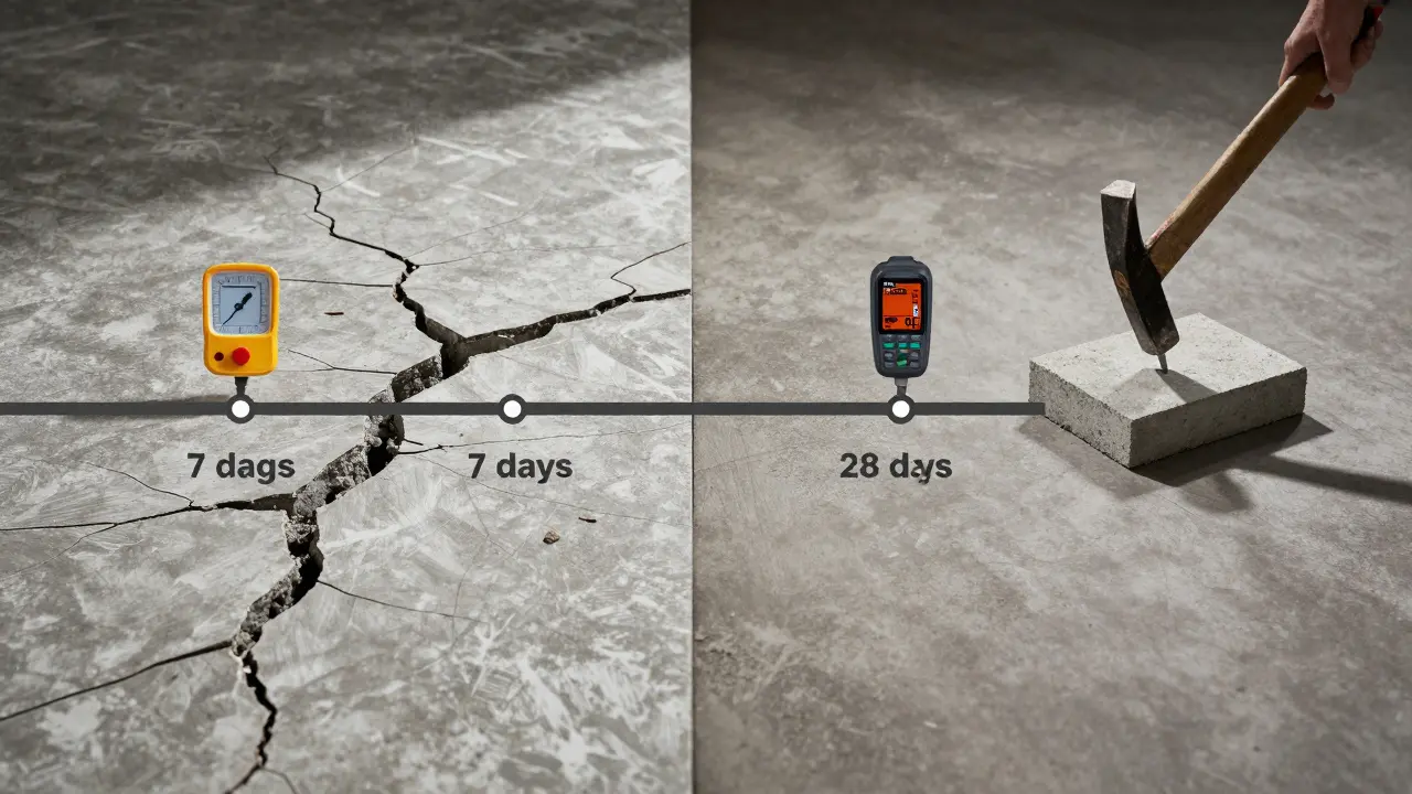 Vergleich: Früh belasteter Estrich mit Rissen und korrekt ausgehärteter Bodenfläche mit Messgeräten.