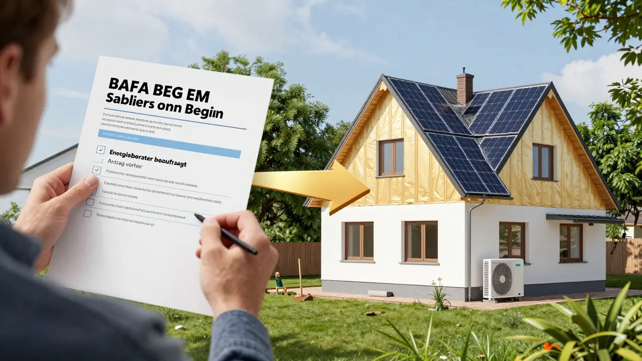 Vergleichsansicht: links ein Antragsprozess für BAFA-Förderung, rechts das fertig sanierte, energieeffiziente Haus mit Solaranlage.