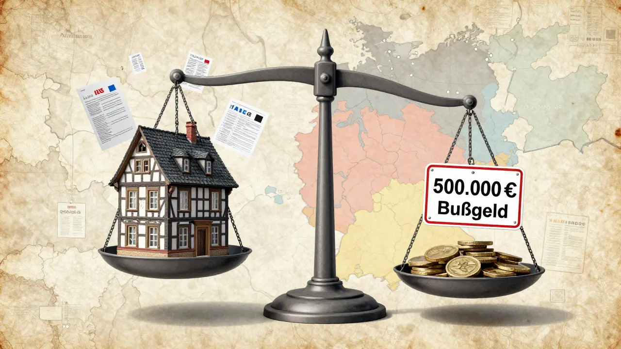 Waage mit historischem Haus und Bußgeld-Schild, symbolisiert Kosten und rechtliche Risiken.