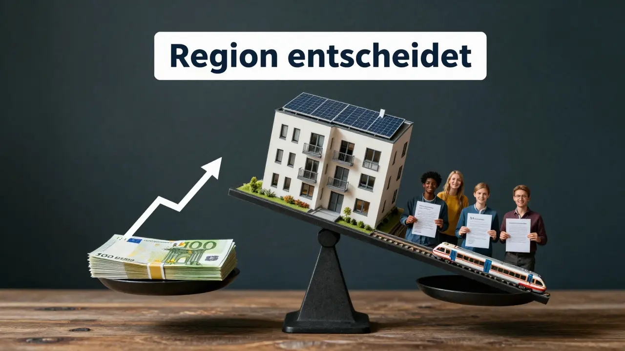 Waage mit Zinsen auf einer Seite und energieeffizientem Haus mit Zugverbindung auf der anderen.