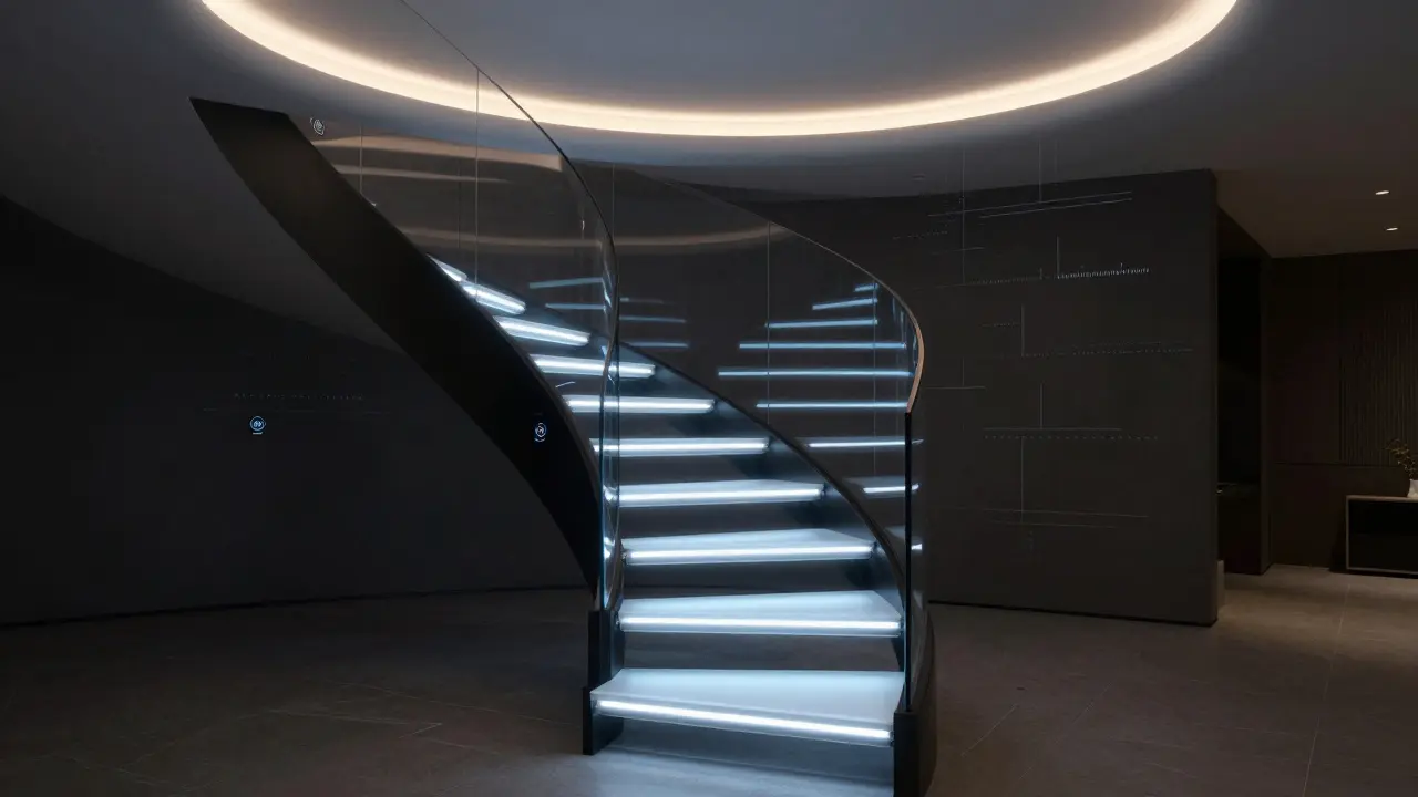 Zukünftige Treppe mit bewegungsaktiven OLED-Stufen, die nur bei Nutzung leuchten, kombiniert mit intelligenten Sensoren und ambienter Beleuchtung.