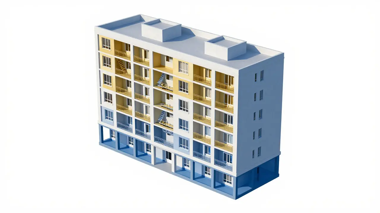 3D-Schnittmodell eines Hauses mit farblicher Trennung von Sondereigentum und Gemeinschaftseigentum.