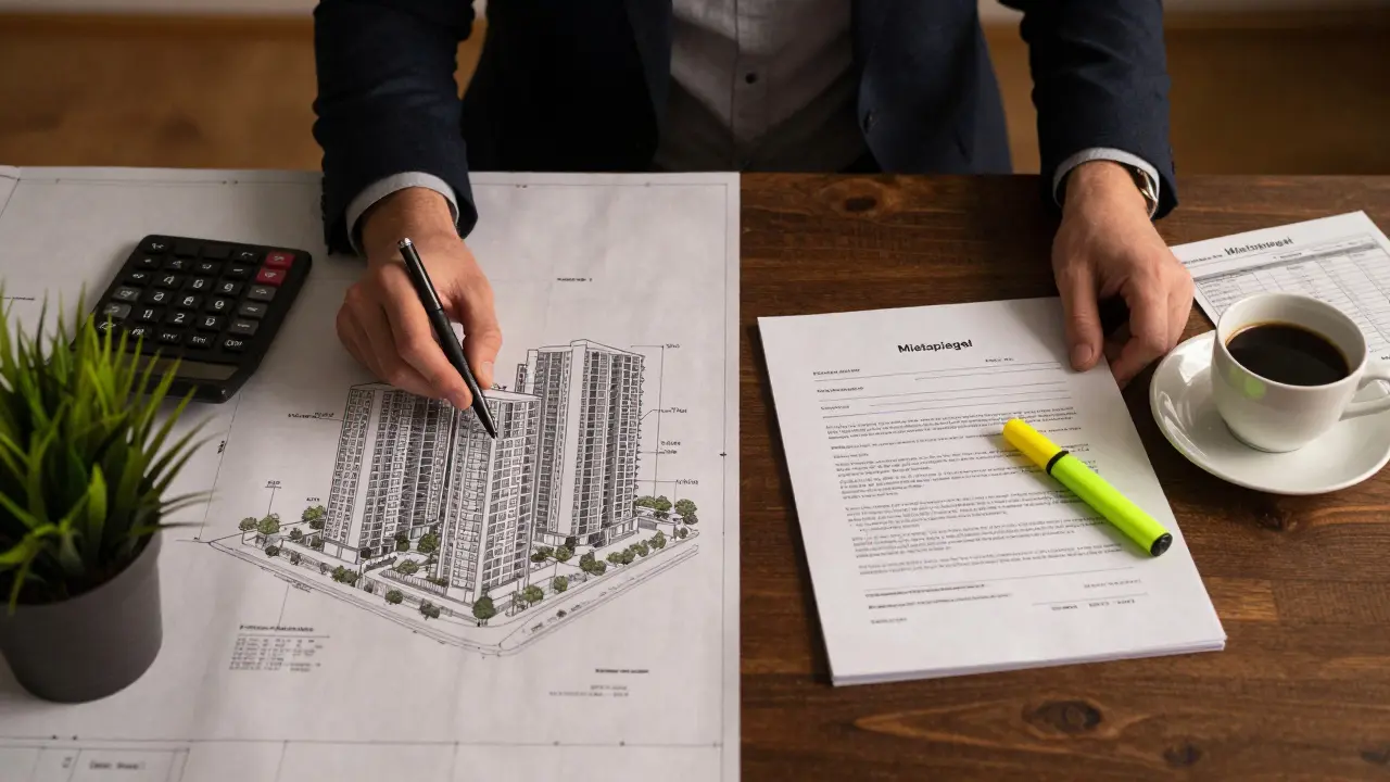 Architektenplan und Mietunterlagen auf einem Tisch als Symbol für Investoren und Mieter.