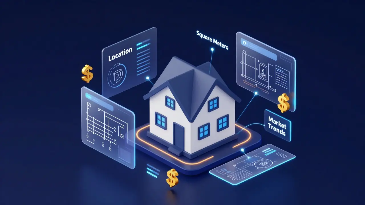 Digitale Darstellung eines Algorithmus zur Immobilienbewertung mit schwebenden Datenpunkten.