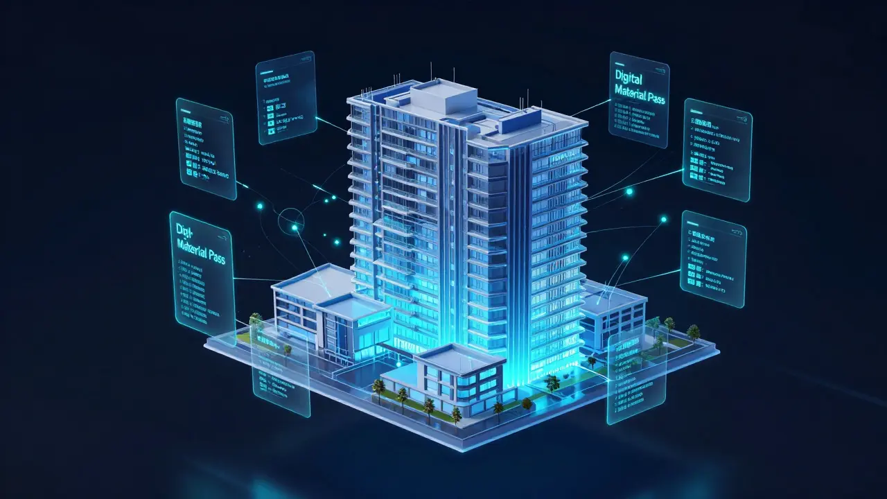 Digitaler Materialpass als holografisches BIM-Modell eines nachhaltigen Gebäudes.