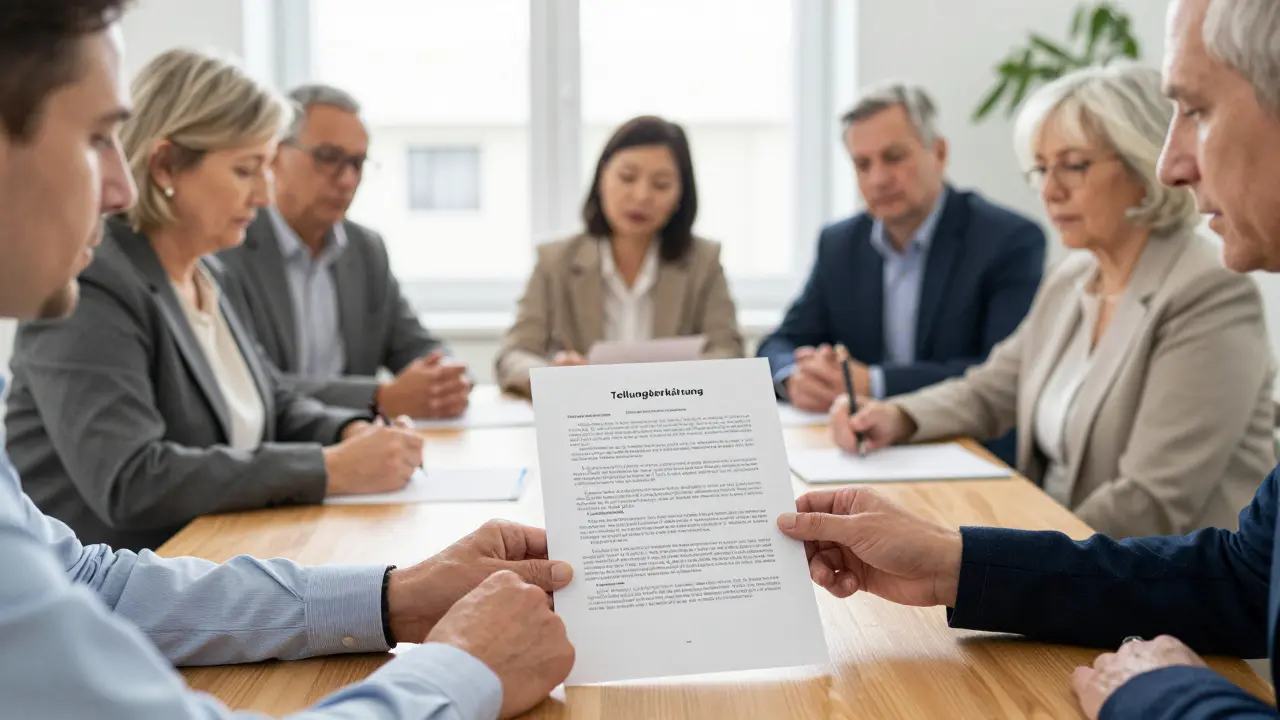 Eigentümerversammlung in einem hellen Raum bei der Besprechung von Unterlagen.