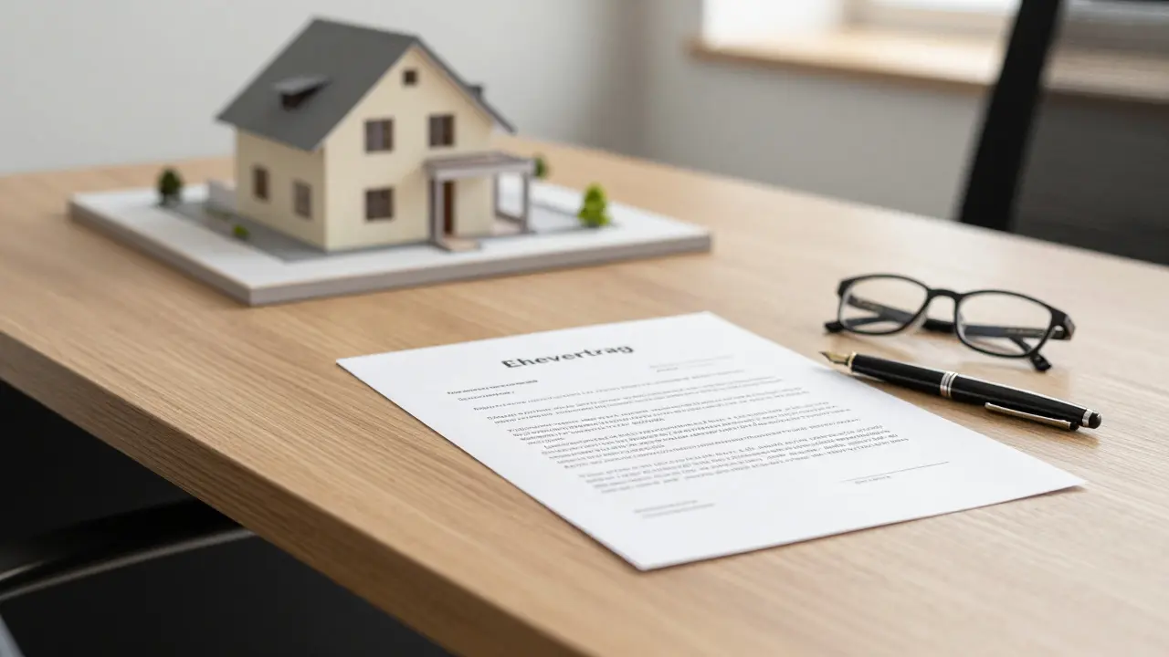 Ein Ehevertrag und ein Stift auf einem Schreibtisch in einer Notariatskanzlei.