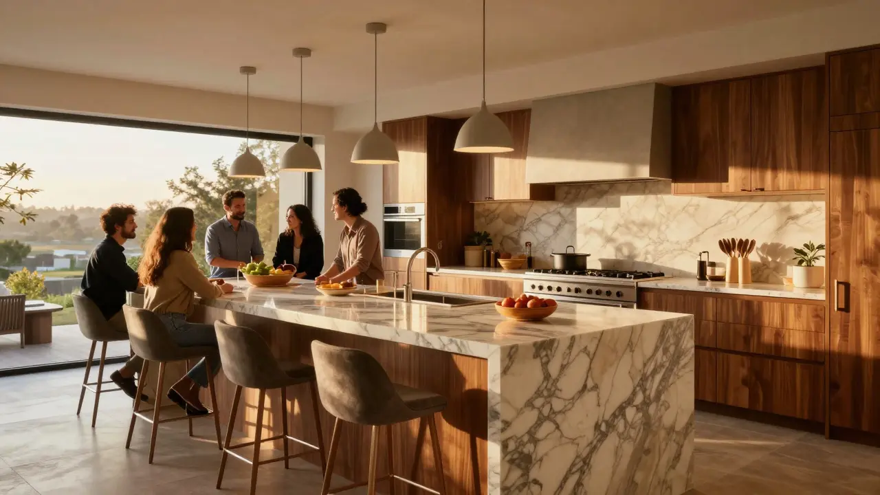 Große Kücheninsel mit Barhockern als sozialer Treffpunkt in einer offenen, modernen Küche.