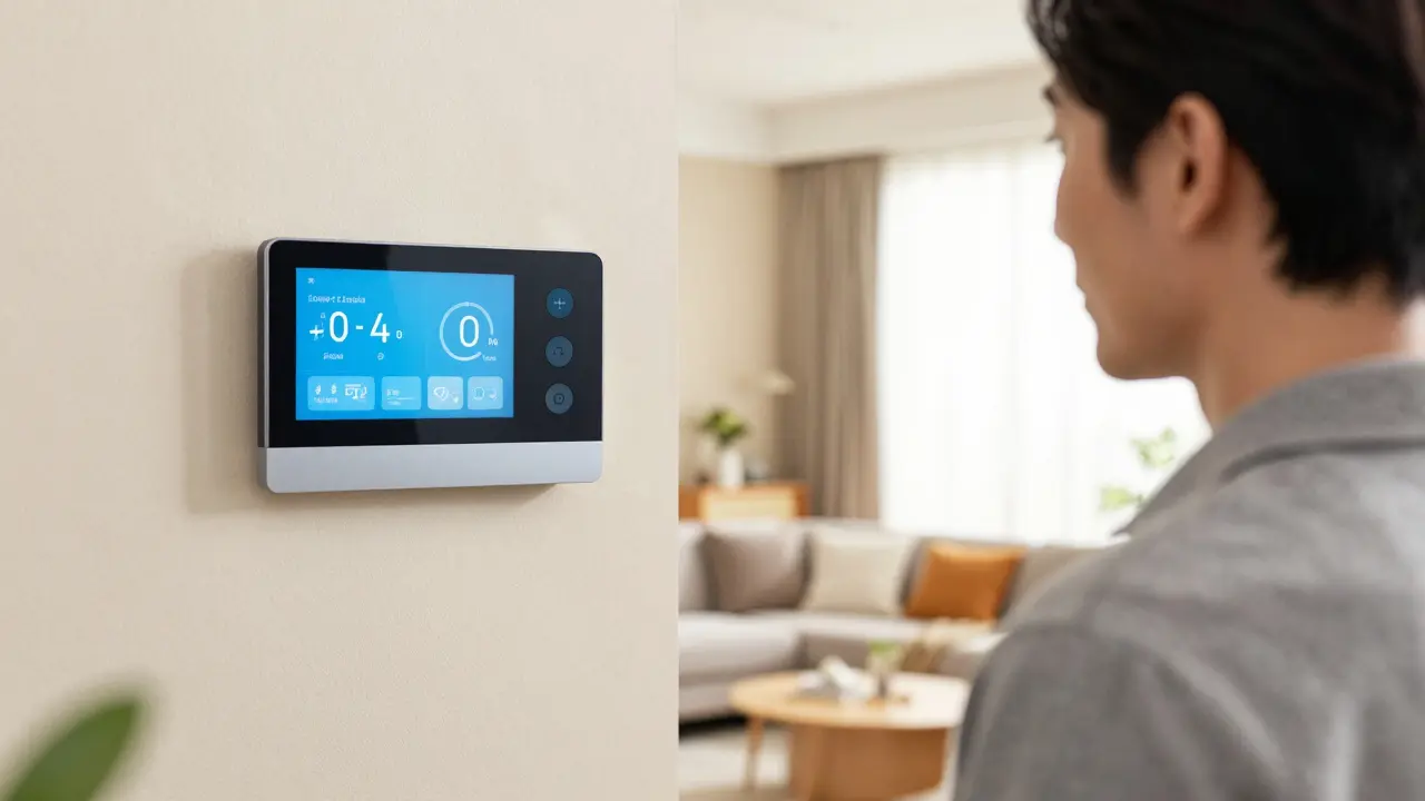 Hausbesitzer betrachtet digitale Energiefluss-Anzeige in einem warmen Wohnzimmer.