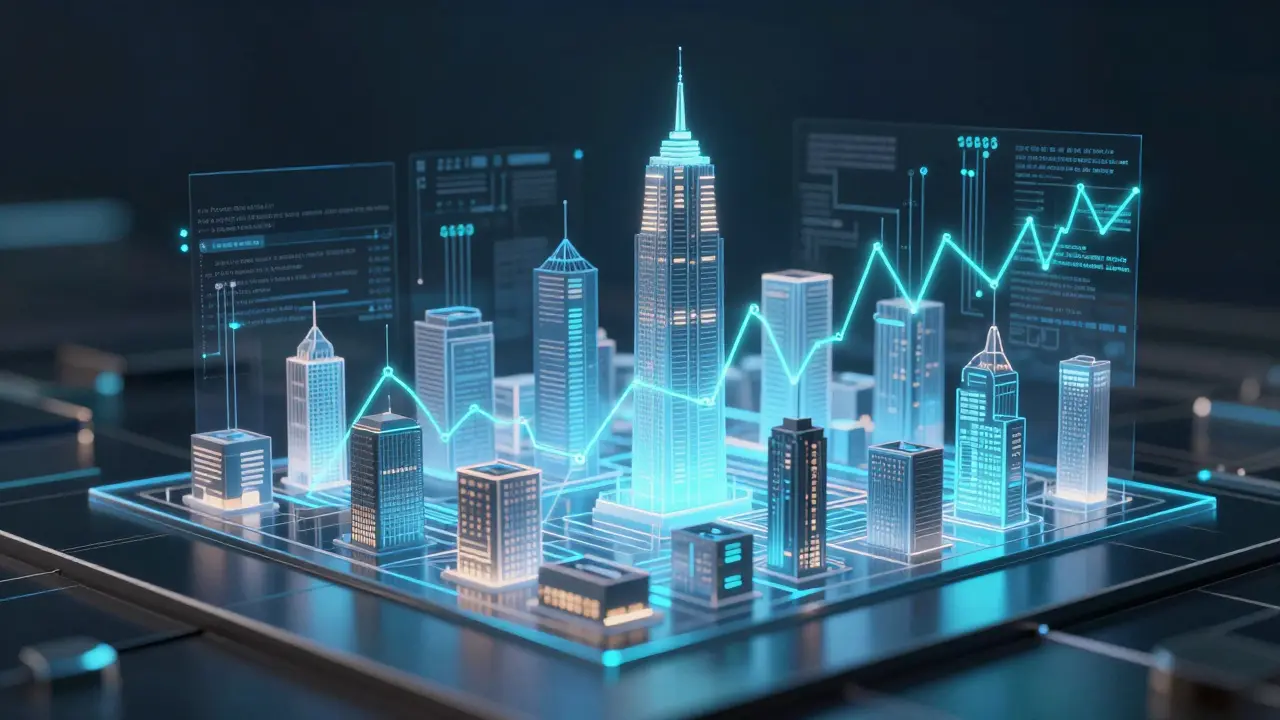 Holografische Stadtkarte mit Datenströmen für KI-gestützte Immobilienbewertung.