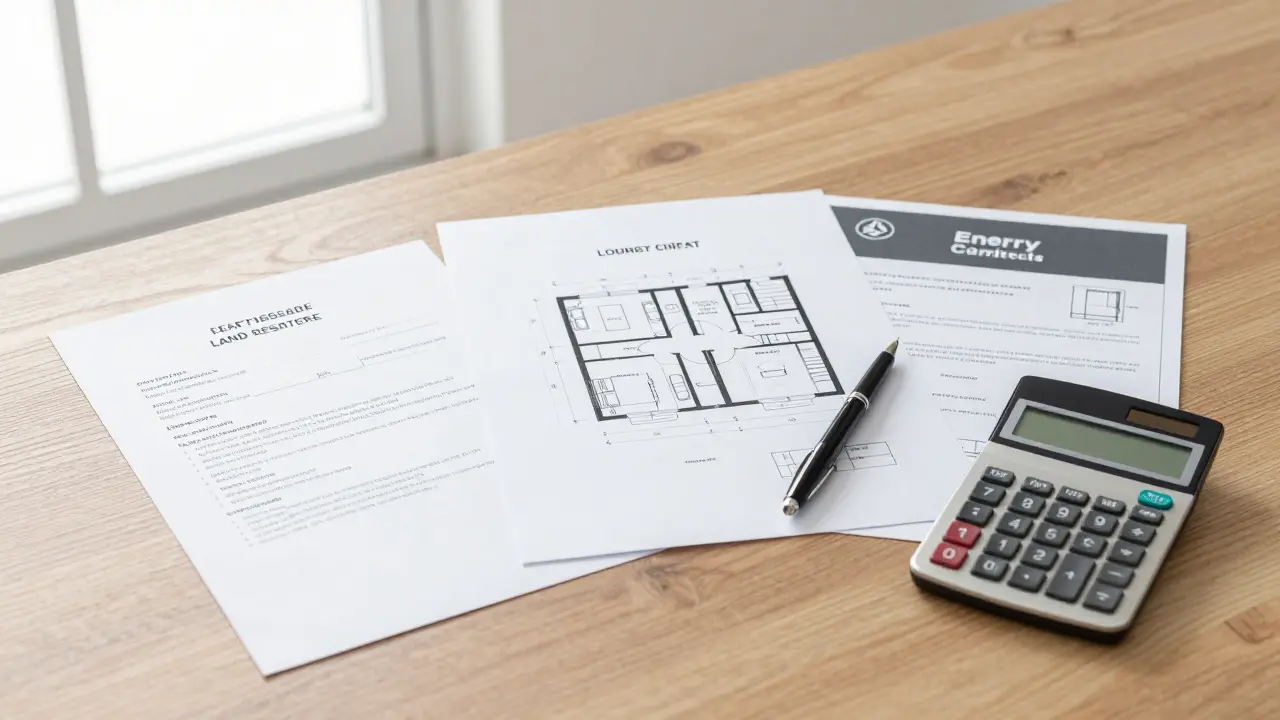 Immobilienunterlagen, Grundrisse und ein Energieausweis ordentlich auf einem Schreibtisch.