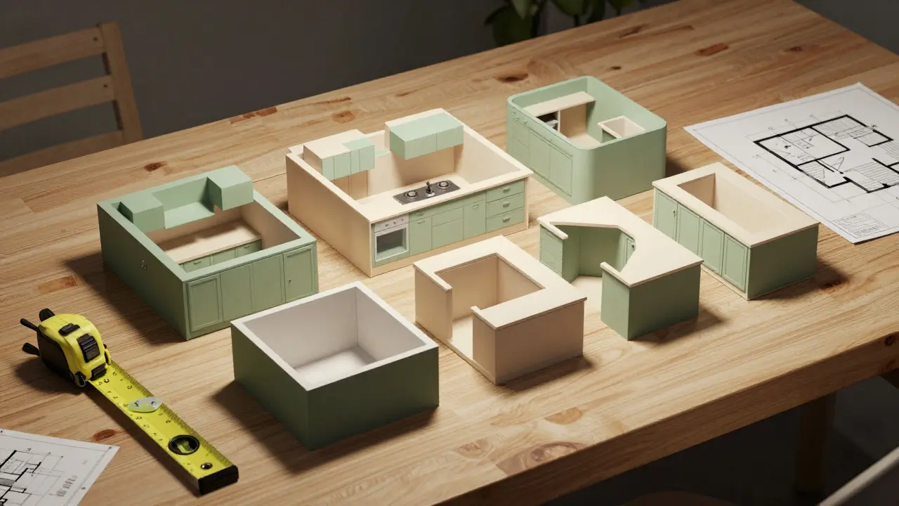 Isometrische 3D-Modelle verschiedener Küchenlayouts wie L- und U-Form auf einem Arbeitstisch.