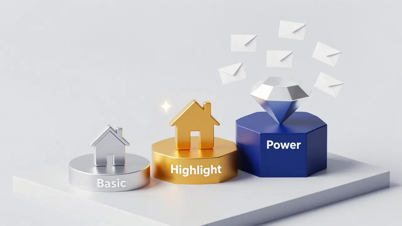 Isometrische Darstellung verschiedener Immobilien-Marketing-Pakete.