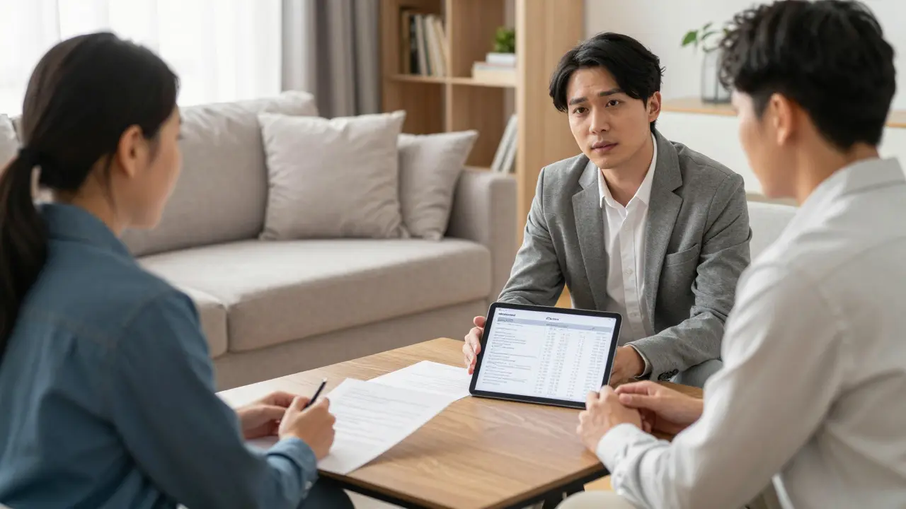 Käufer und Verkäufer diskutieren transparent über Kosten in einem hellen Wohnzimmer.