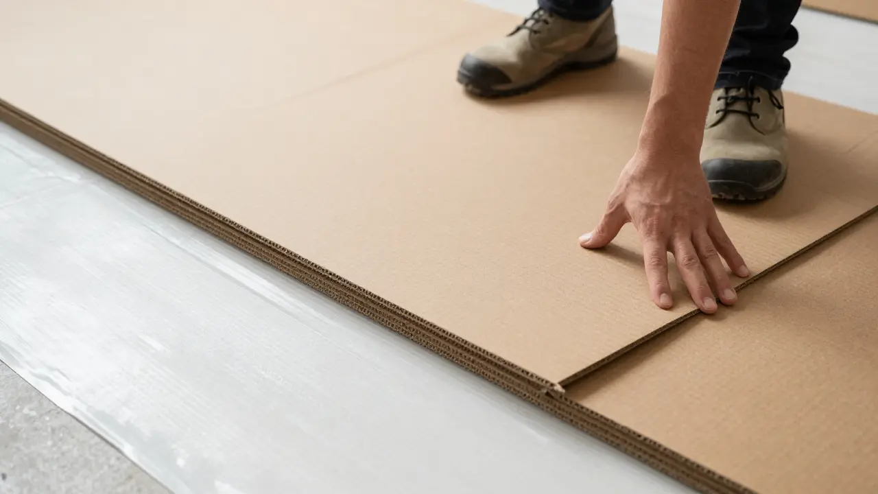 Kombination aus Abdeckfolie und recycelter Schutzpappe auf einem Baustellenboden.