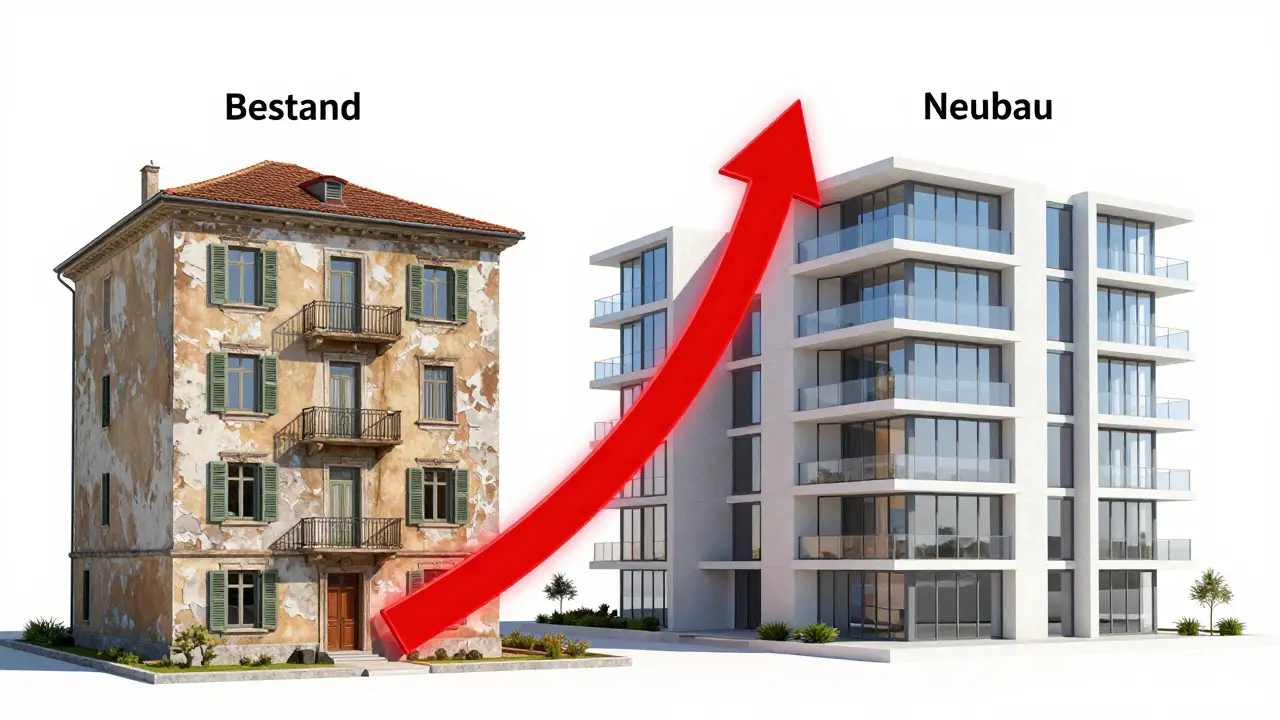 Kontrast zwischen einem alten Altbau und einem modernen Luxusneubau.