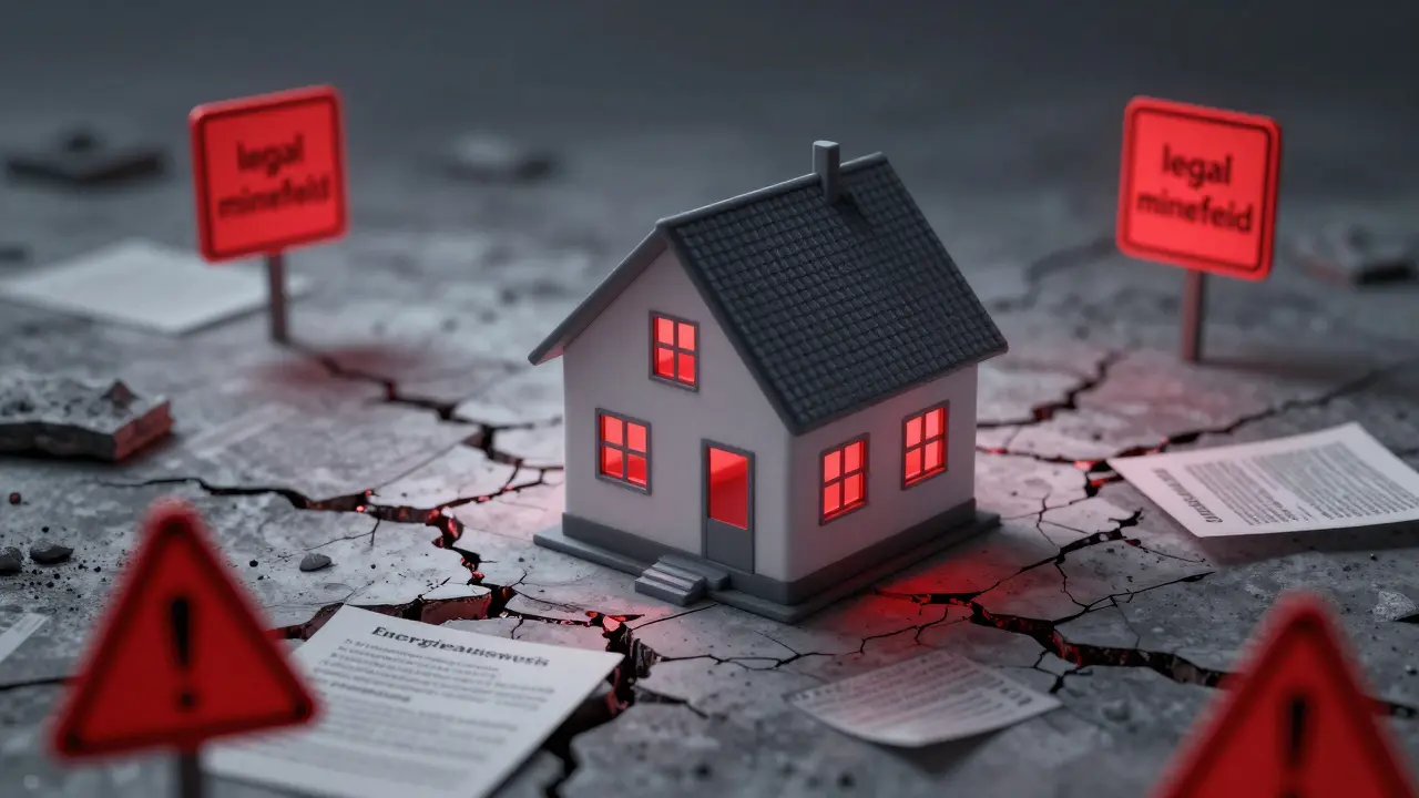 Konzeptbild eines Modellhauses in einer riskanten Umgebung mit rechtlichen Warnsymbolen und Dokumentfragmenten.