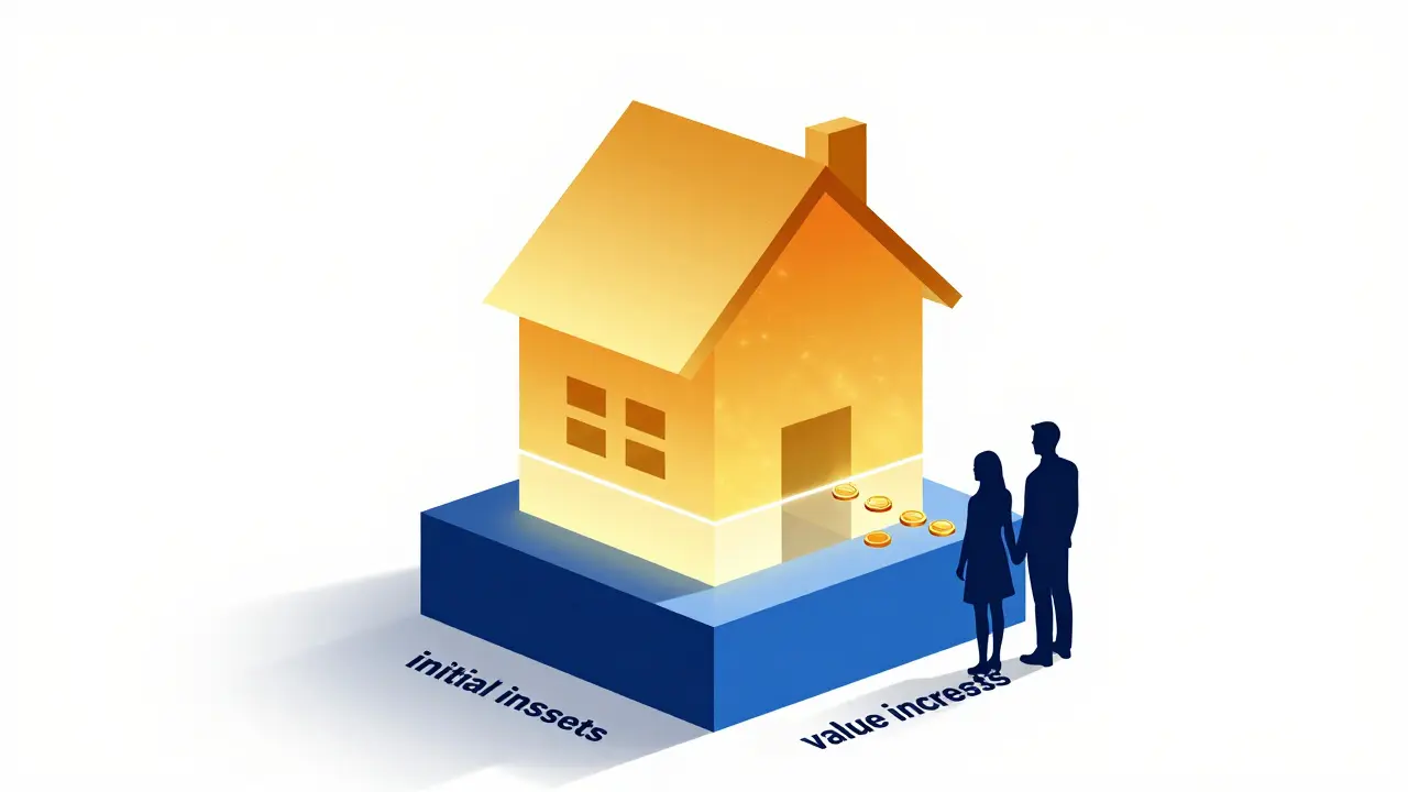 Konzeptionelle Darstellung eines Hauses mit Unterteilung in Substanzwert und Wertsteigerung.