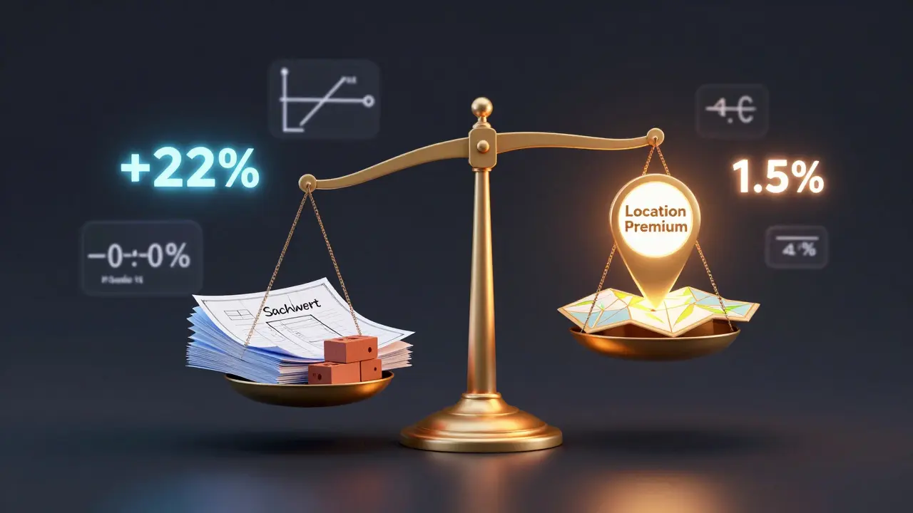 Konzeptuelle Darstellung einer Waage zwischen Bausubstanz und Lage-Premium.