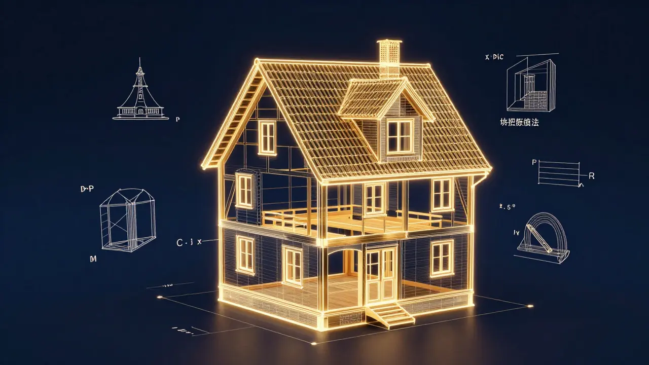 Konzeptuelle Darstellung eines Hauses als goldene Blaupause zur Analyse der Bausubstanz.