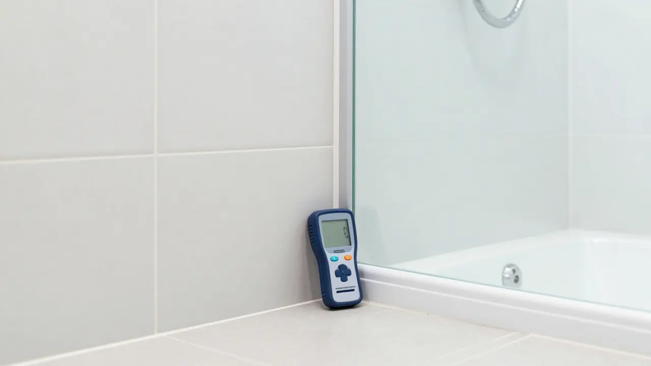 Messung der Materialfeuchte an einer Badezimmerfliese neben der Dusche