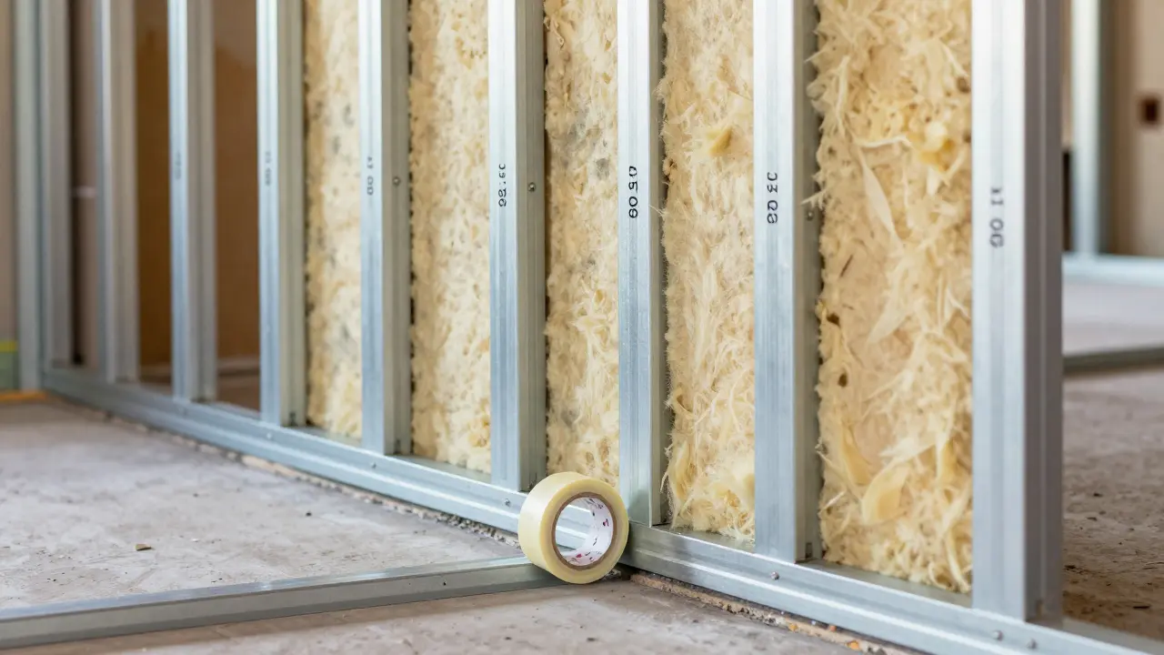 Metallprofil-Gerüst für den Trockenbau mit installierter Mineralwolle zur Schalldämmung.