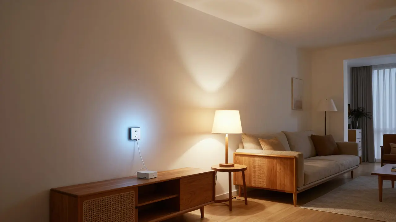 Modern eingerichtetes Wohnzimmer in einem Altbau mit smarter Beleuchtung.