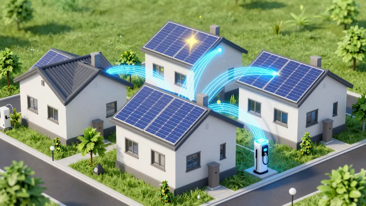 Modernes Energiequartier mit Solaranlagen und gemeinsamer Wärmepumpe.