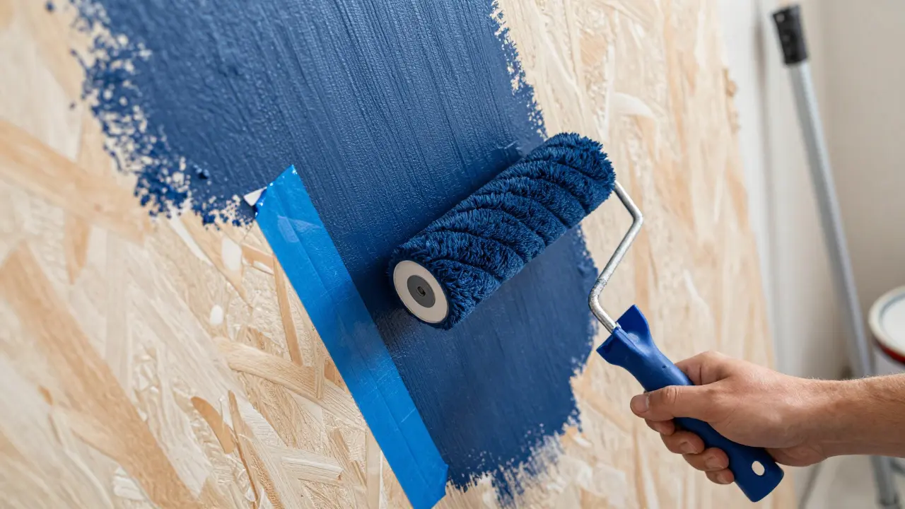 Nahaufnahme beim Streichen von Raufasertapete mit Farbroller und flexiblem Malerkrepp.
