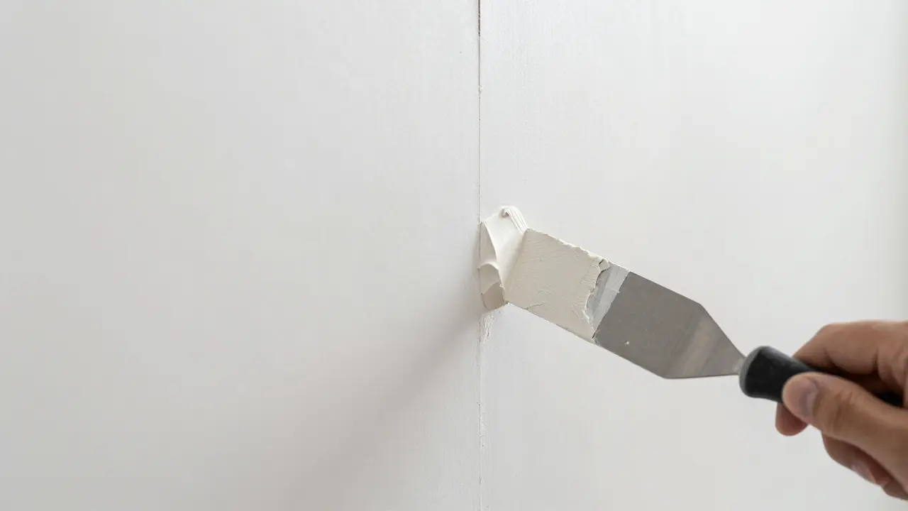 Nahaufnahme beim Verspachteln einer Gipskartonfuge für eine glatte Wandoberfläche.