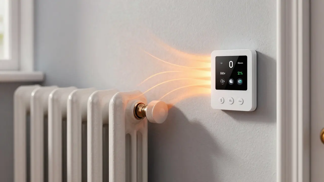 Nahaufnahme eines smarten Thermostats an einem Heizkörper zur Energieeinsparung.