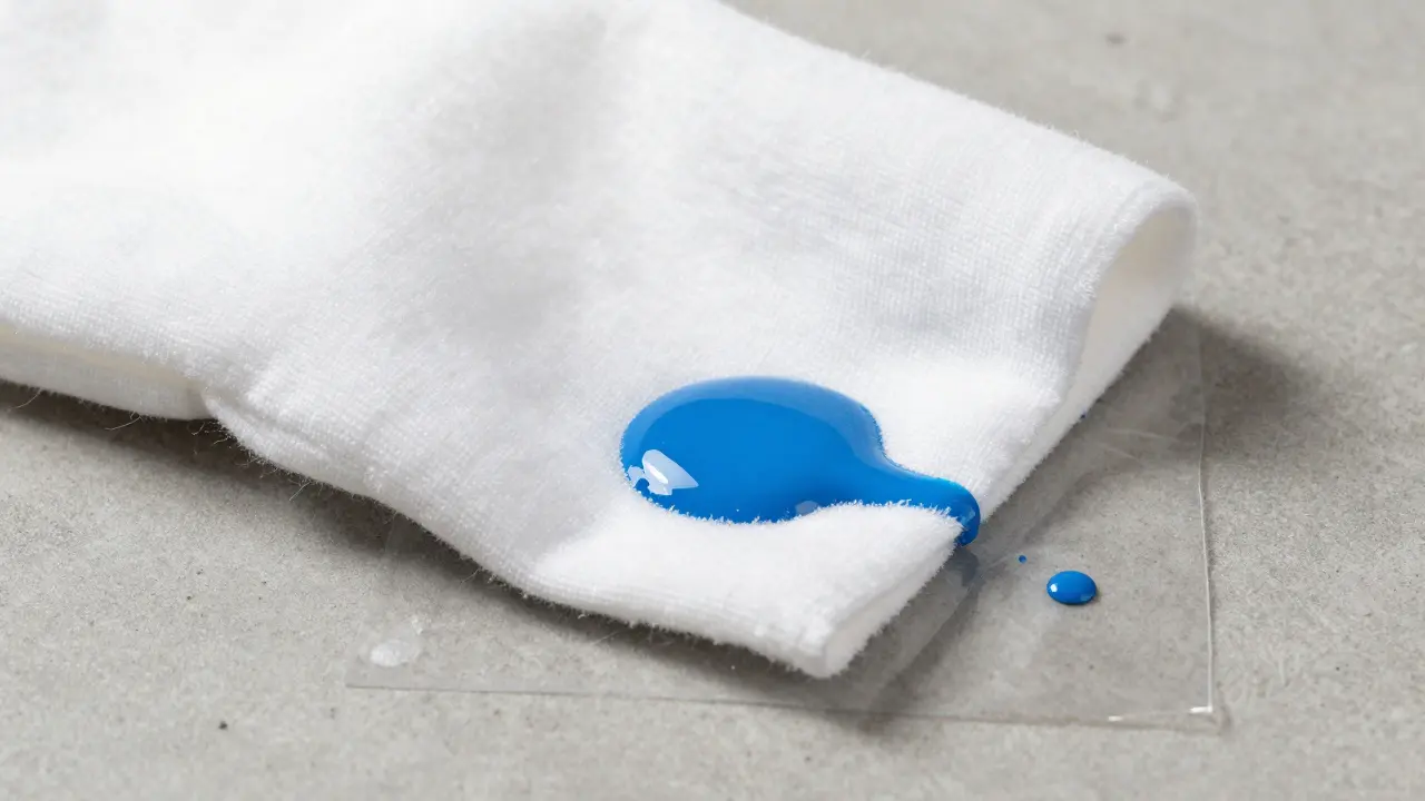 Nahaufnahme von Malervlies, das blaue Farbe aufsaugt, im Vergleich zu einer Plastikfolie.