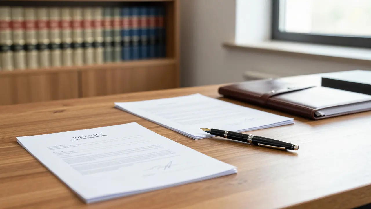 Nahaufnahme von offiziellen Verkaufsdokumenten und einem Stift auf einem Notartisch in einem professionellen Büro.