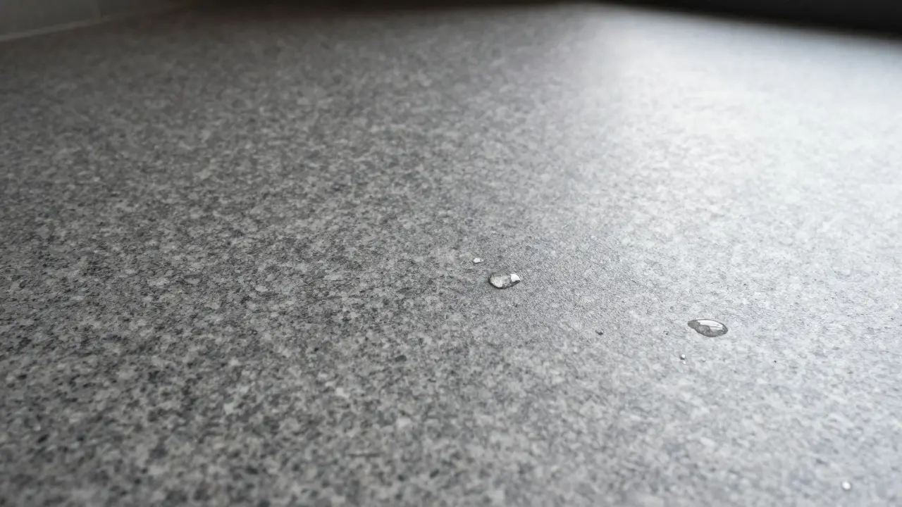 Nahaufnahme von rutschfestem, geflammtem Granitboden mit wasserabweisenden Tropfen.