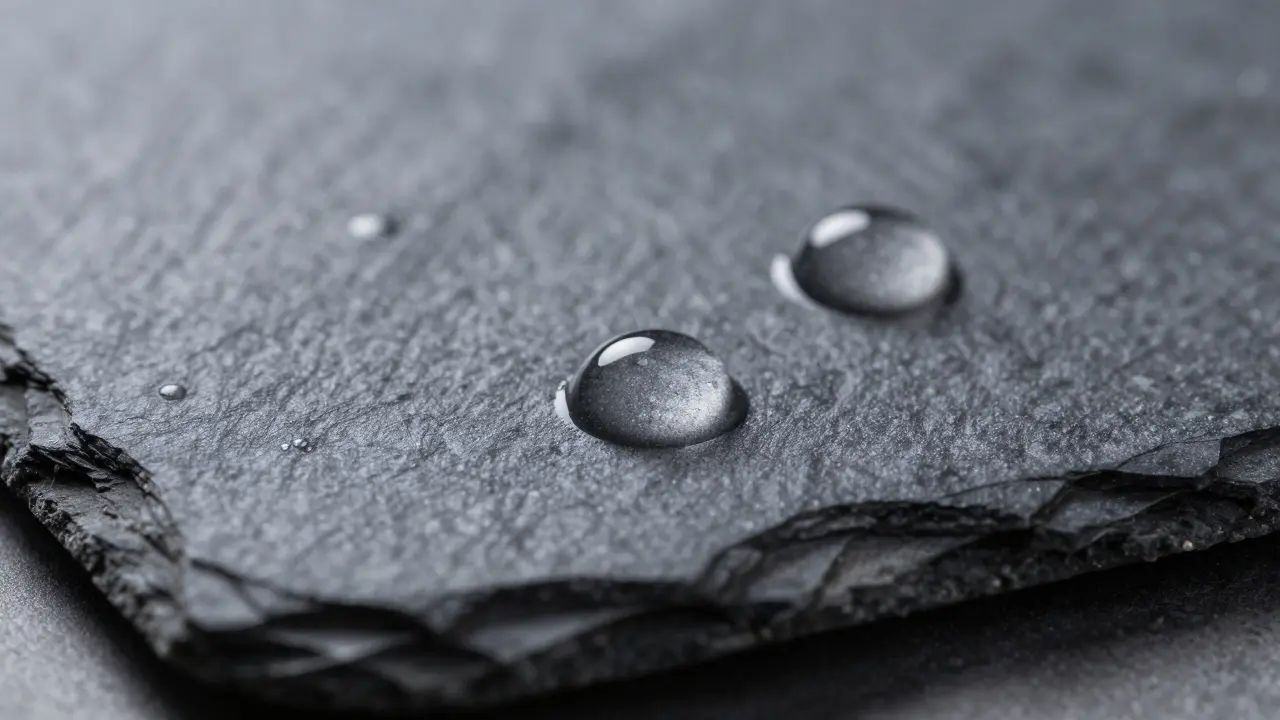Nahaufnahme von Wassertropfen auf versiegeltem Schiefer zur Prüfung der Imprägnierung.