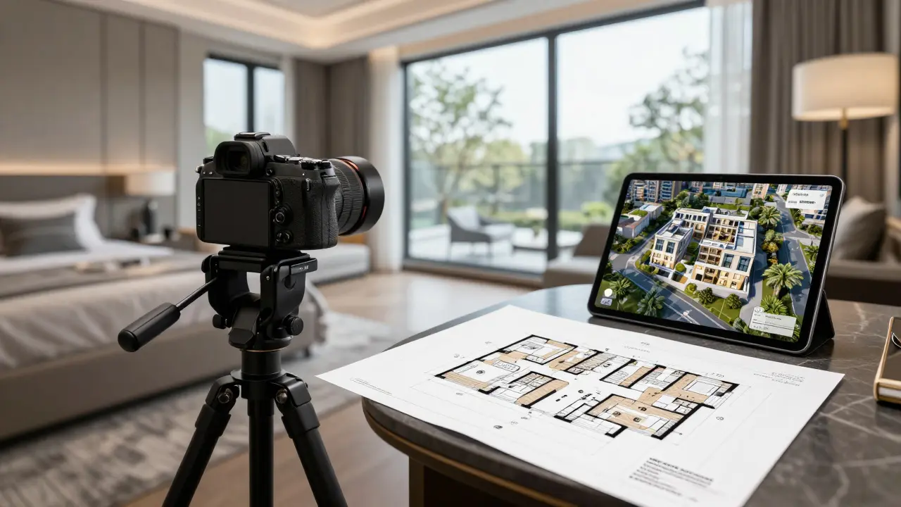 Professionelles Equipment für Immobilienfotos mit Grundriss und Tablet.