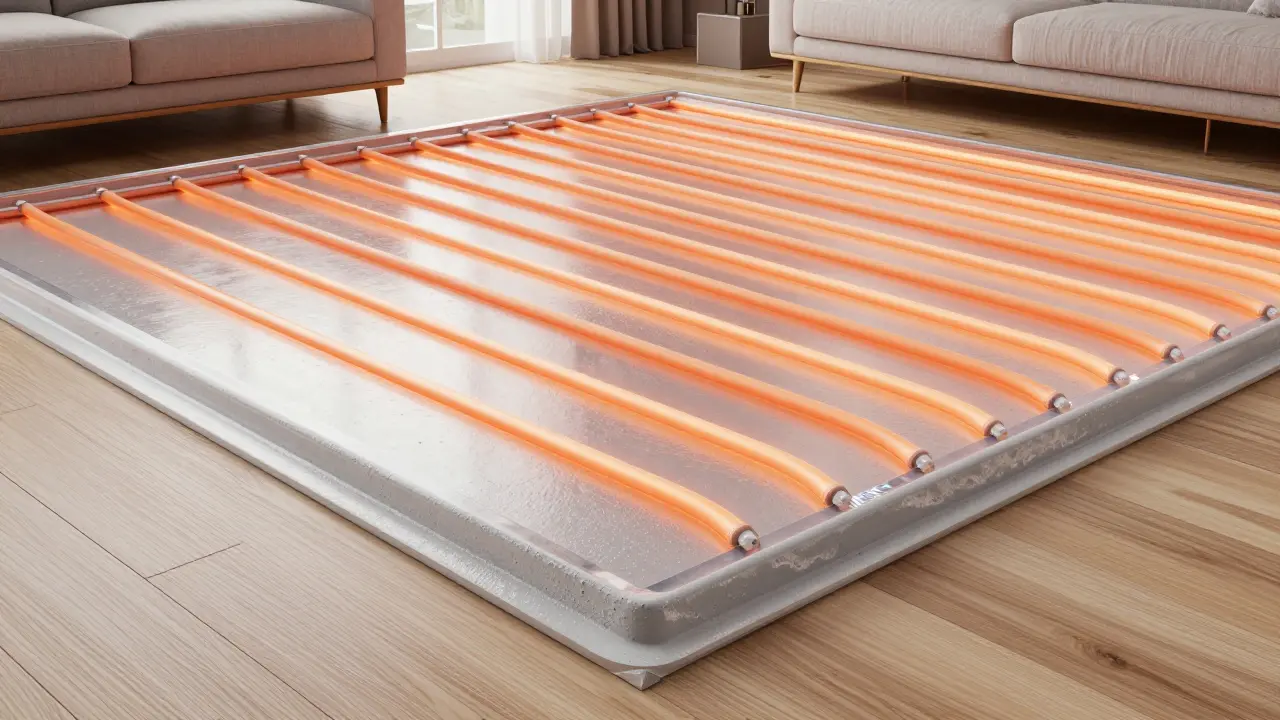 Querschnitt einer Fußbodenheizung in Anhydritestrich zur Darstellung der Wärmeleitung