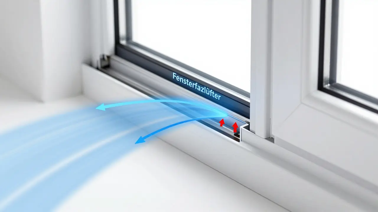 Schematische Darstellung eines Fensterfalzlüfters mit Luftstrom-Animation.