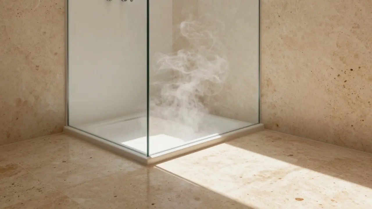 Sonnendurchflutete begehbare Dusche mit warmem Travertin-Natursteinboden.