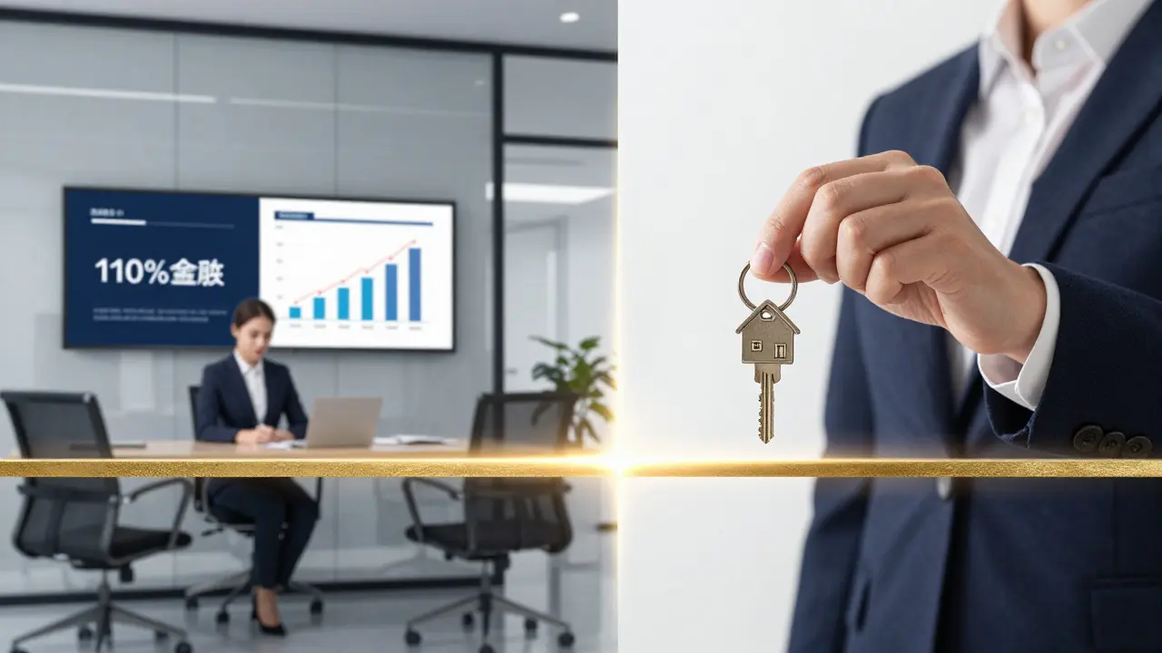 Symbolische Darstellung einer Immobilienfinanzierung zwischen Bankberater und Käufer.