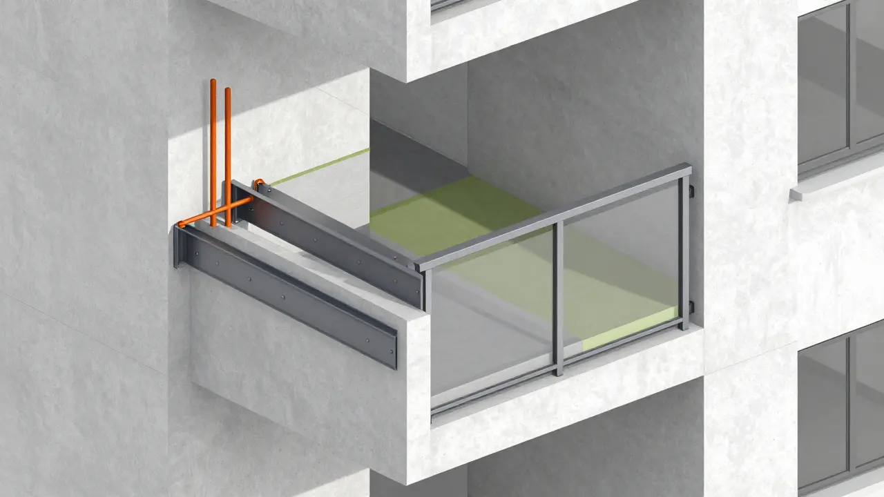 Technische Querschnittsdarstellung einer Balkonstahlkonstruktion