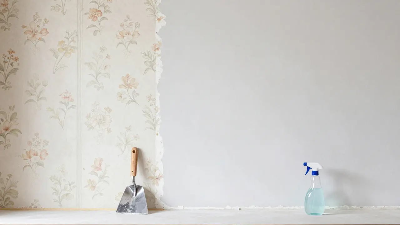 Teilweise entfernte alte Tapete, die eine glatte, saubere Wandfläche freigibt.