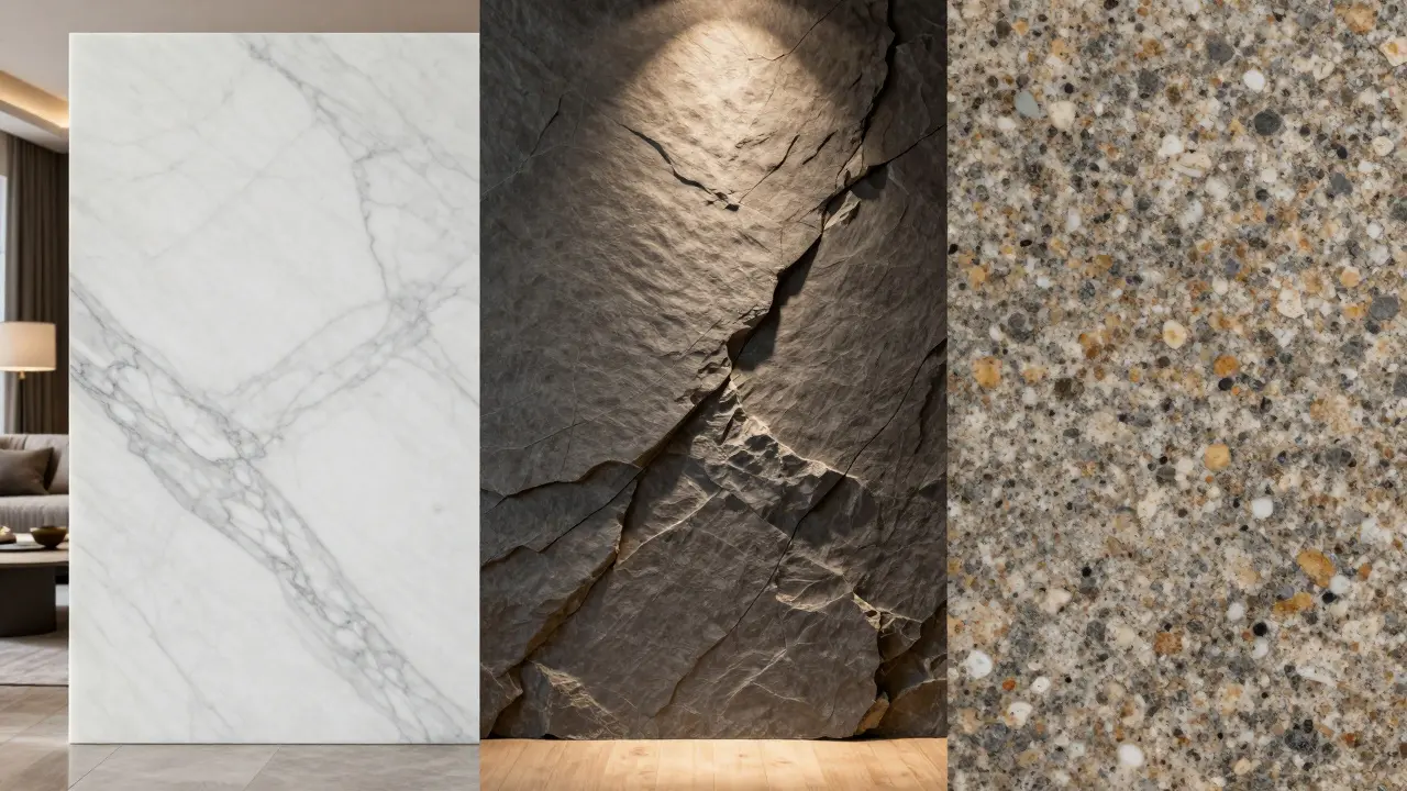 Vergleich von elegantem weißem Marmor, rustikalem dunklem Schiefer und robustem Granit.