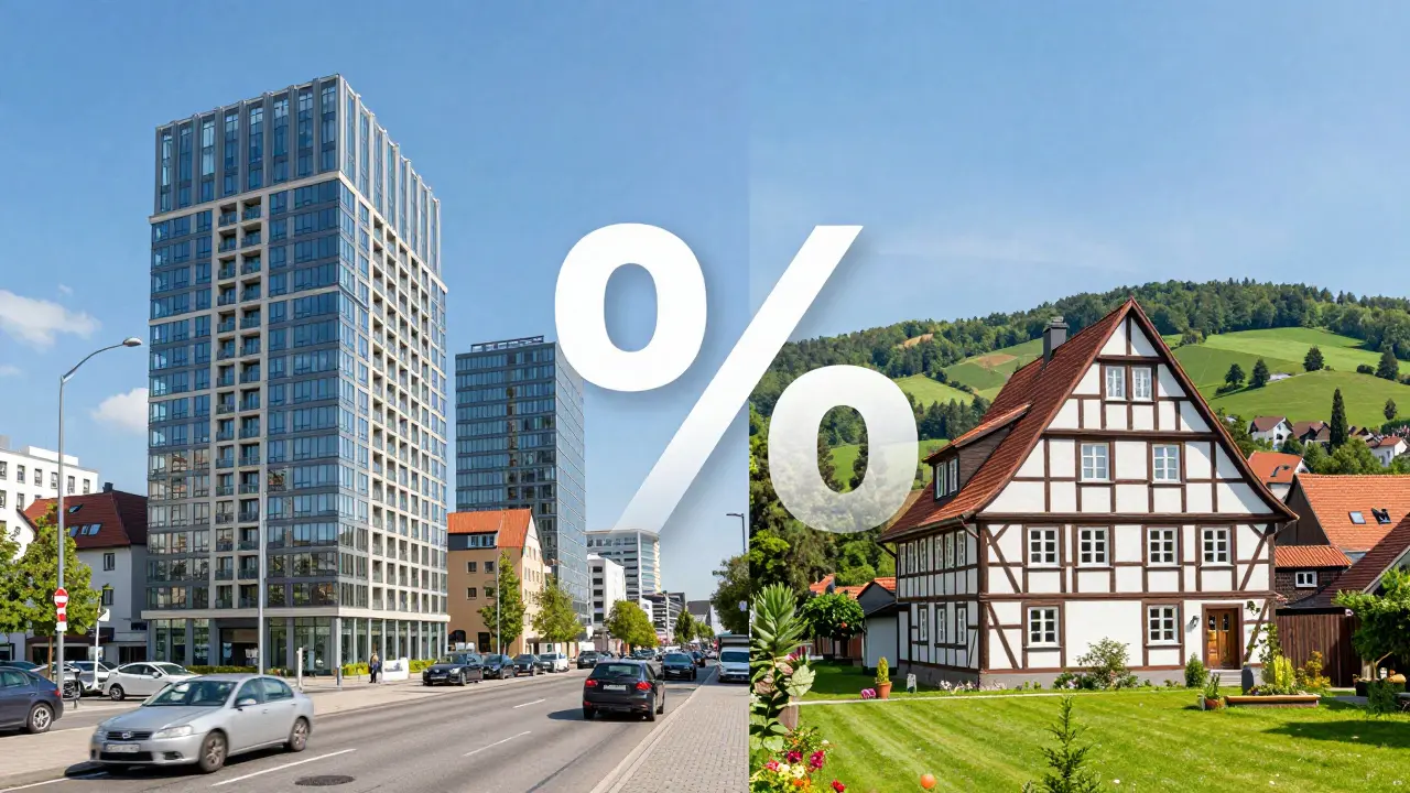 Vergleich zwischen einem modernen Münchner Gebäude und einem traditionellen Haus in Niedersachsen.