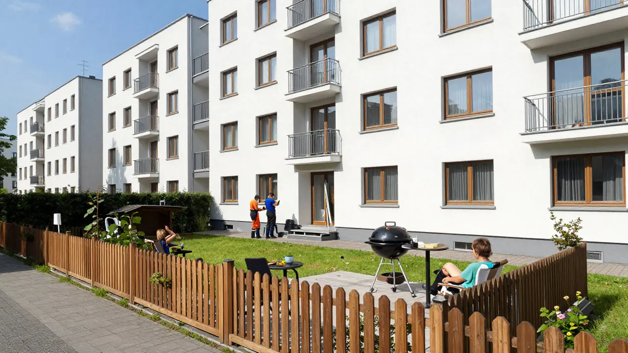 Wohnanlage mit einem privaten Gartenbereich und Handwerkern an der Hausfassade.