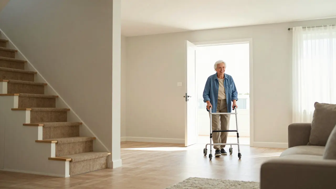 Älterer Mensch bewegt sich sicher durch ein umgebautes Zuhause