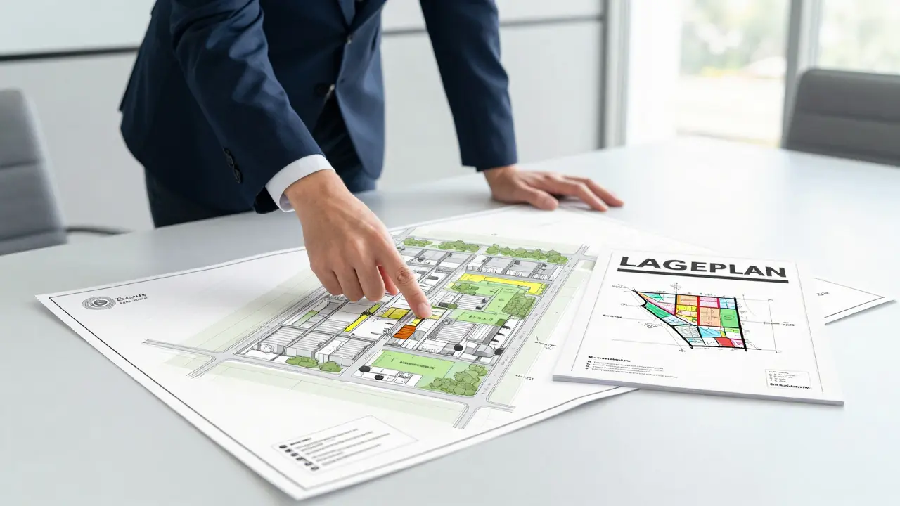 Architekt prüft Lageplan und Bebauungsplan am Tisch