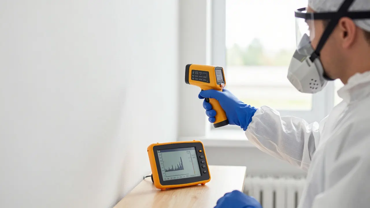 Fachkraft mit Thermokamera zur Schimmeluntersuchung