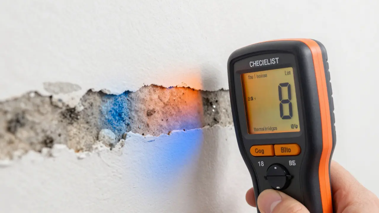 Feuchtemessgerät und Thermokamera analysieren eine schimmelige Wand
